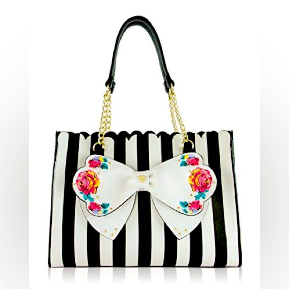 Betsey Johnson Black & White Striped Bag w/a Floral Bow & Rose embroidery.